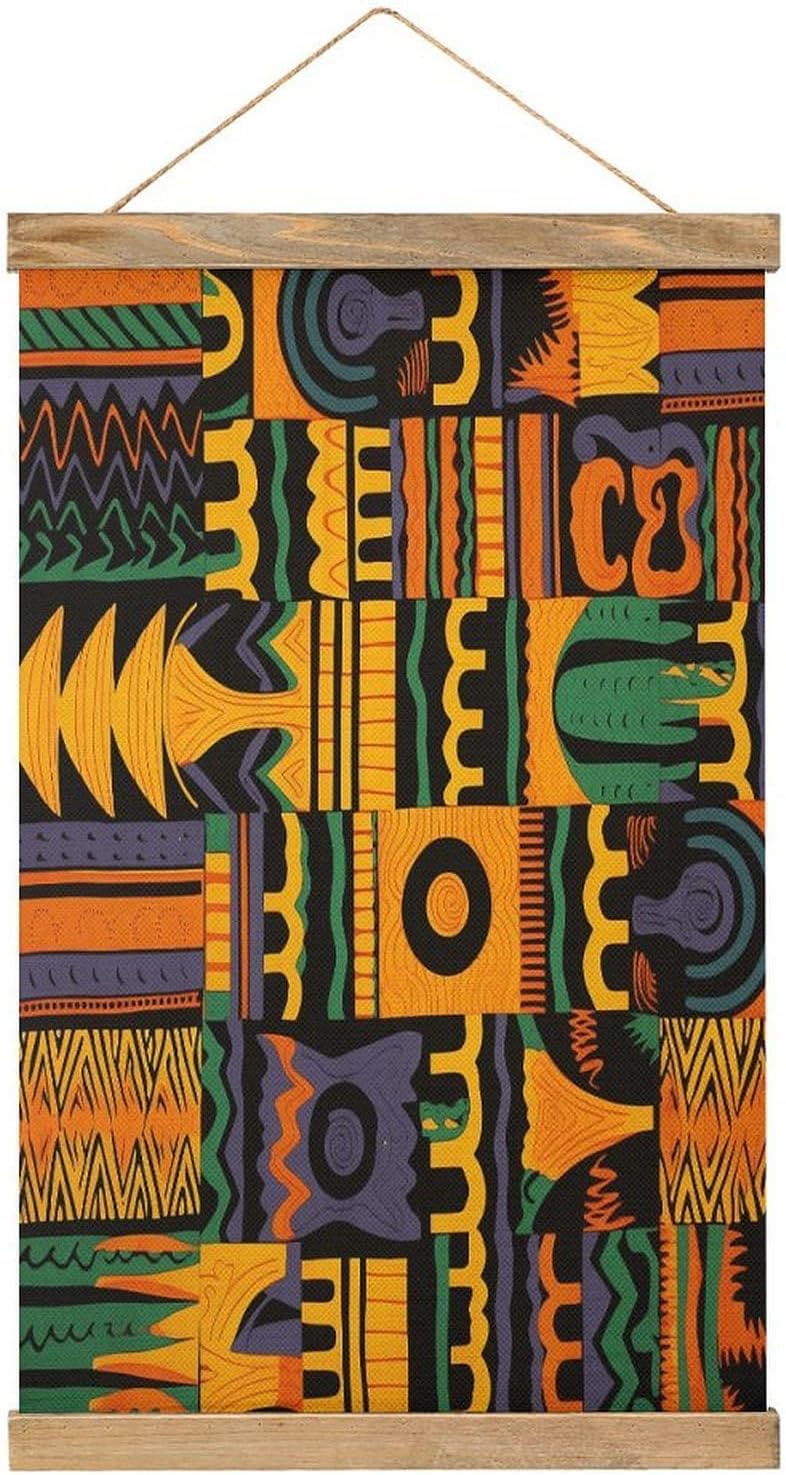 Vintage African Ethnic Pattern Poster with Wooden Frame Personalized Linen Hanging Scroll Painting Rustic Wall Hanging Illustrative Modern Artwork Decor for Home Living Room Bedroom Office