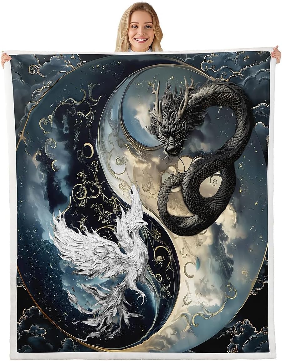 Erosebridal Dragon Sherpa Blanket Japanese Ukiyoe Throw Blanket Exotic Animal Queen 90"X90" Ancient Loong Phoenix Fleece Blanket for Boys Teen Bedroom, Yin Yang Fuzzy Blanket Bed Couch