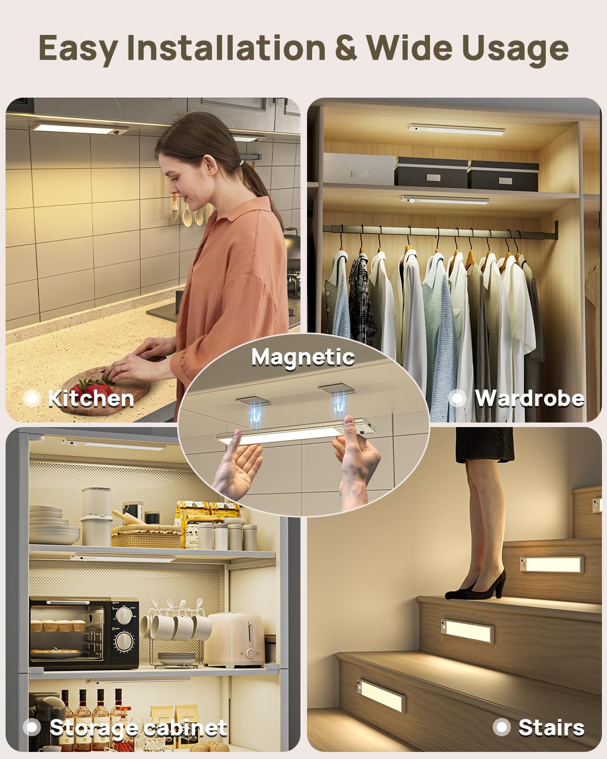12" Under Cabinet Lights Wireless, Motion Sensor Light Indoor with Remote, LED Rechargeable Closet Light, 3 Color Temps, Dimmable, Magnetic, Under Counter Lights for Kitchen, Stairs, Pantry