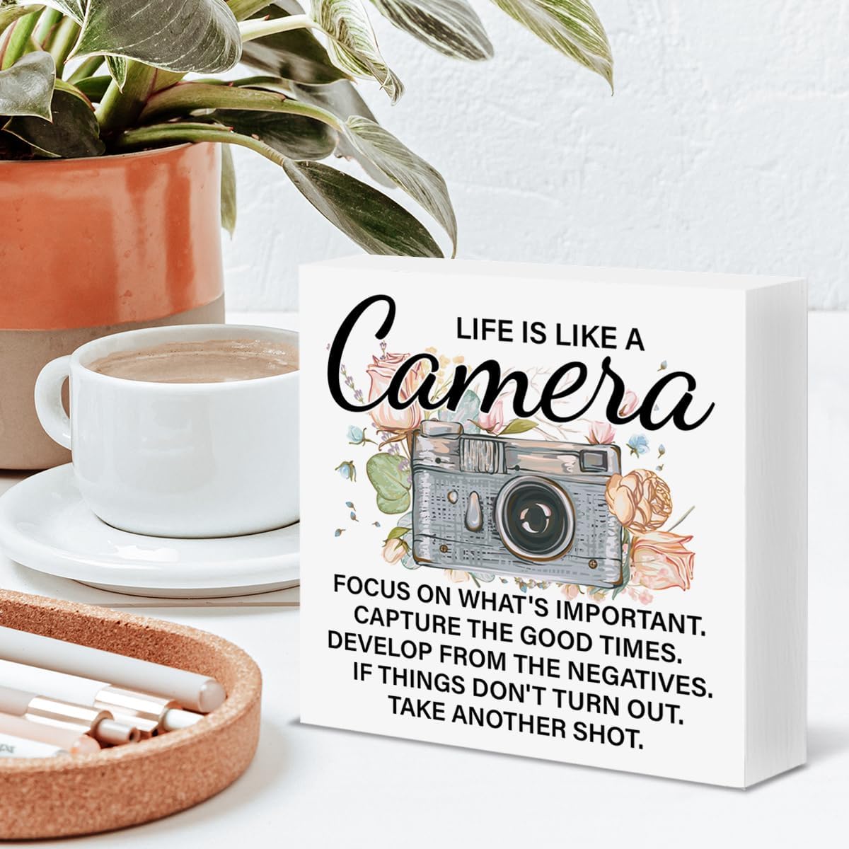 Photographer Gifts for Women, Motivational Photography Gifts for Photographers, Life Is Like a Camera Wood Block Sign Home Office Desk Shelf Decor