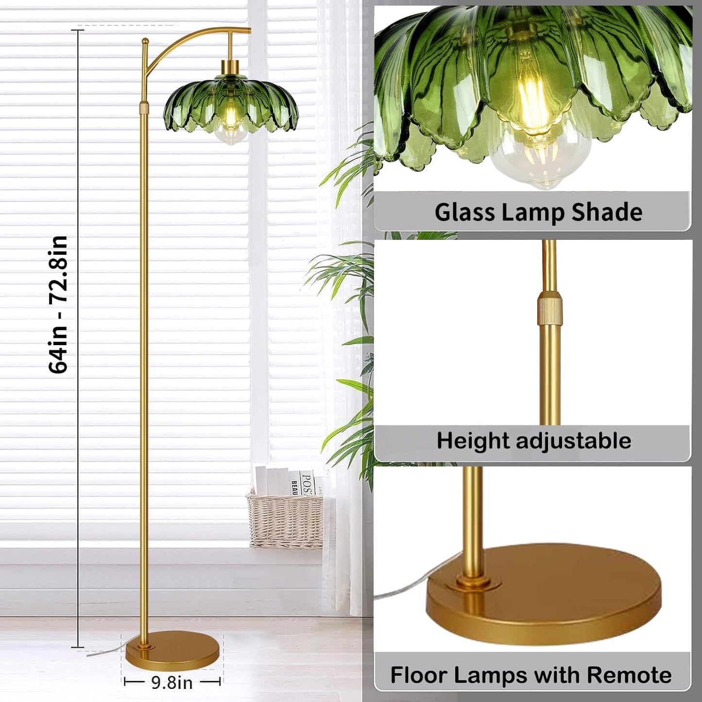 Gold Floor Lamp for Living Room Bedroom with Remote,Unique Vintage Standing Tall Lamp,Mid Century Modern Floor Lamps with Dimmable Bulb,Arc Green Glass Floor Lamps for Office Corner