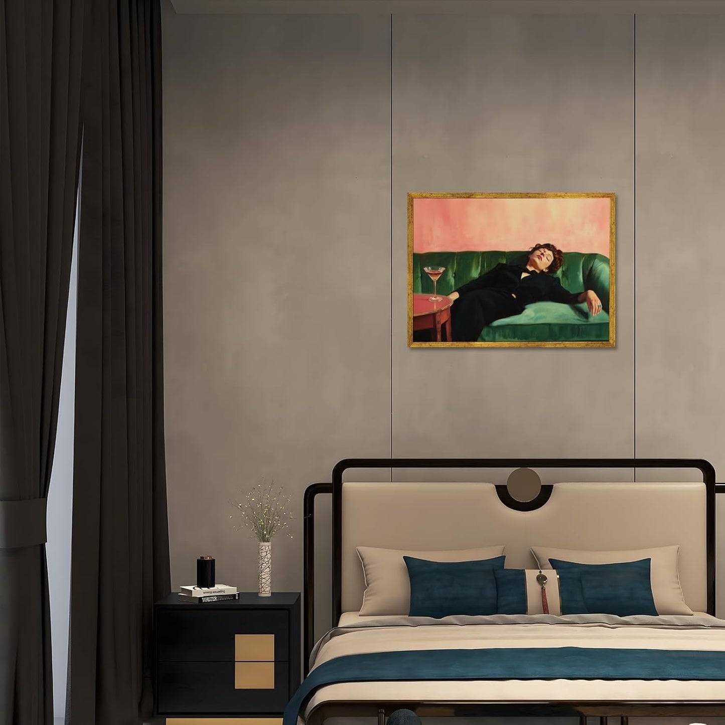 Woman Drinking Glass of Martini Wall Art Print Woman Sitting on The Green Sofa Painting Pictures Retro Female Portrait Poster Trendy Cocktail Alcohol Artwork for Kitchen Bar 8x12inch Golden frame