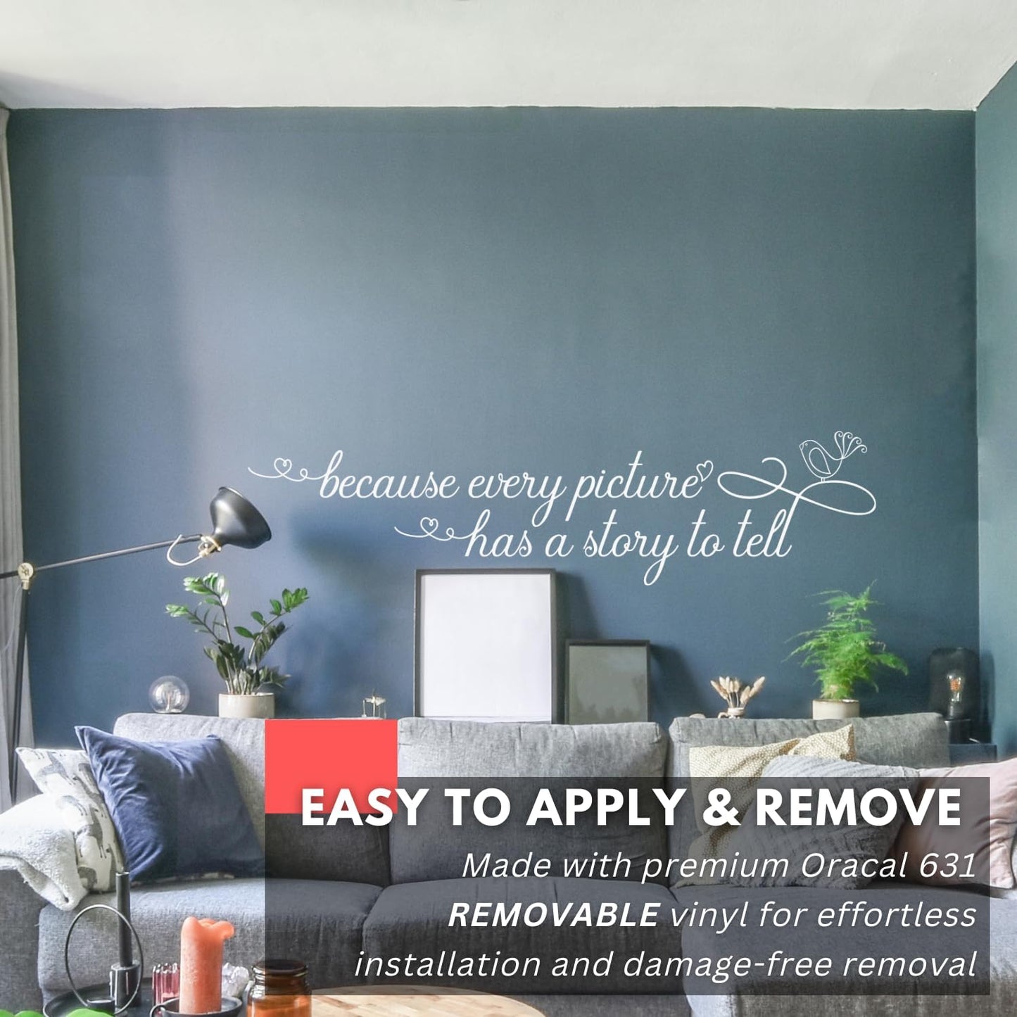 My Vinyl Story - Because Every Picture - Inspirational Family Love Wall Decal Sticker Quote Art Saying Decor for Meaningful Home Living Room Frame Photo Gallery, Removable (Black, 36x9 inches)