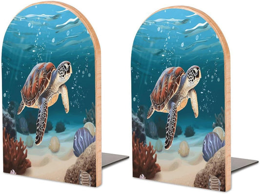 Sea Turtle Swimming Bookend for Shelves Wooden Book End Large Size Sturdy Book Holders Stoppers with Metal Base for Bookshelves Slick Decorative Bookends Stands