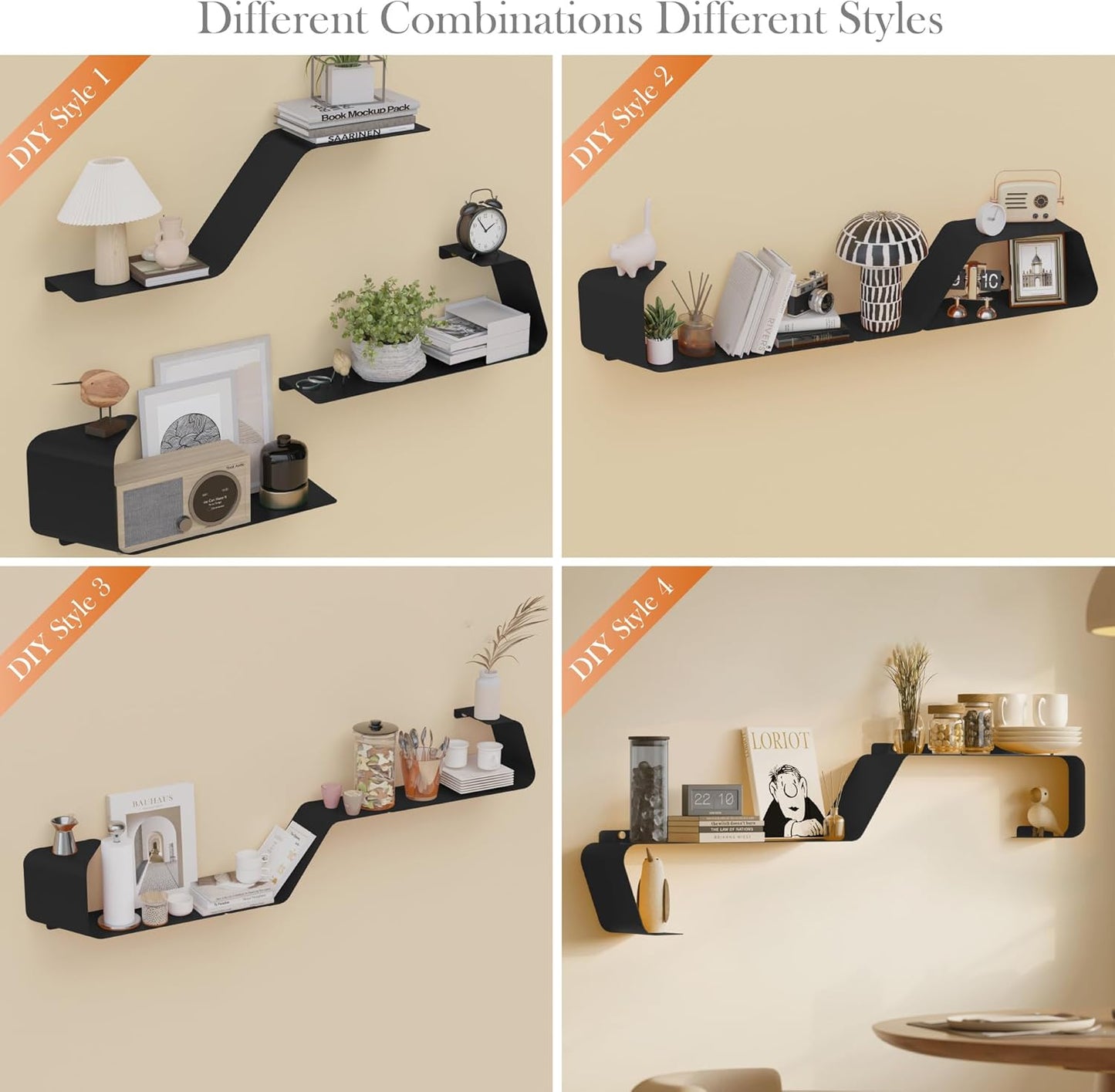Floating Wall Shelves — Set of 3, Wall-Mounted Metal, Black