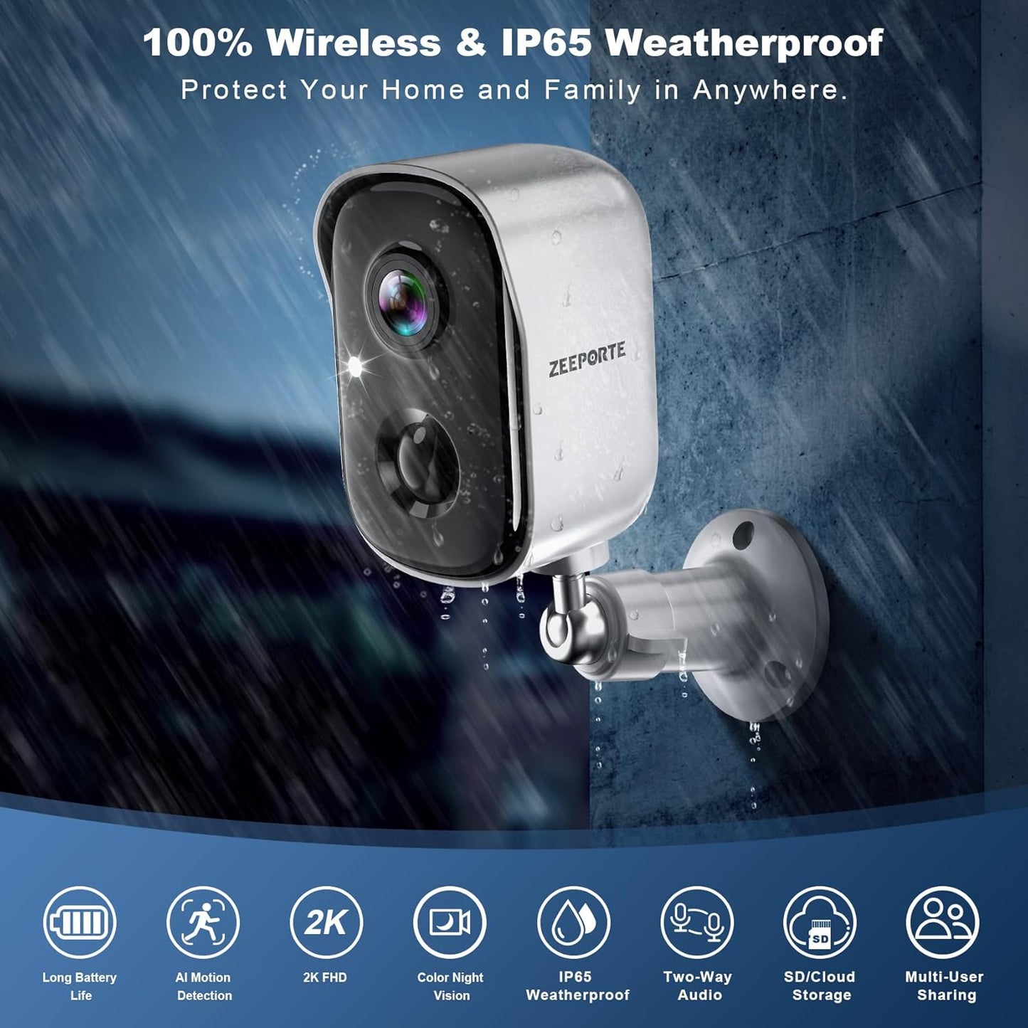Security Cameras Wireless Outdoor, 2K Battery Powered Indoor Camera/WiFi Camera for Home Security with AI Motion Detection, Color Night Vision, Spotlight, Siren, Waterproof, SD/Cloud Storage