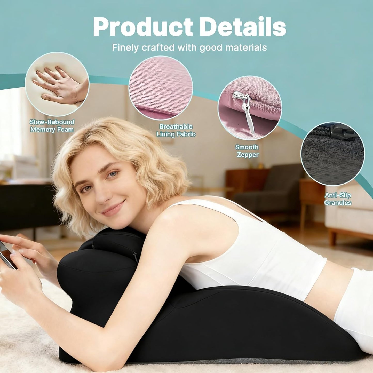 LAPRBY Ergonomic 27° Memory Foam Wedge Pillow for Back and Shoulder Support, Reduces Arm Pressure, Comfortable Support Cushion for Lounging, Reading, Watching TV, and Relaxation (Black) (Blue)