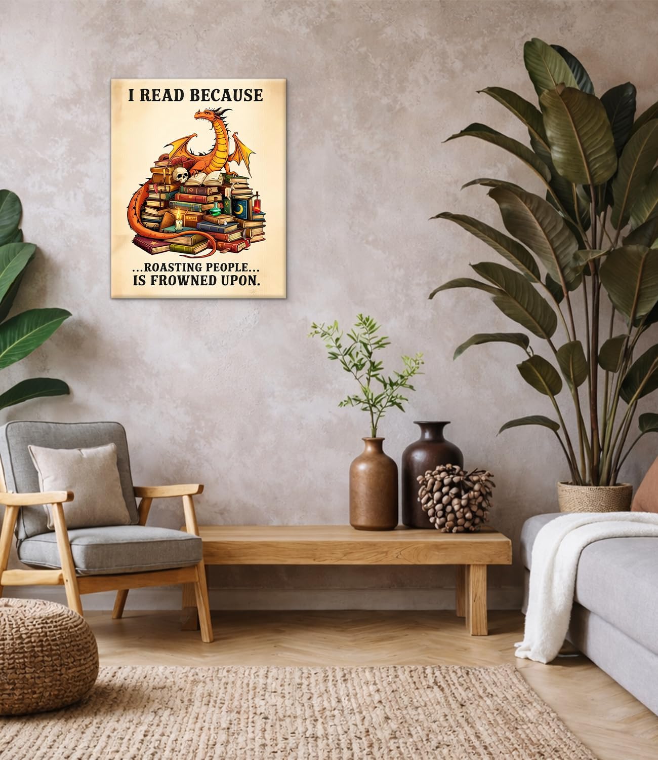 Vintage Bookish Dragon Wall Art Print - Funny Dragon Books Canvas Poster Painting - Book Lover Gifts Wall Decor for Home Reading Nook Library 8x10 Inch Framed