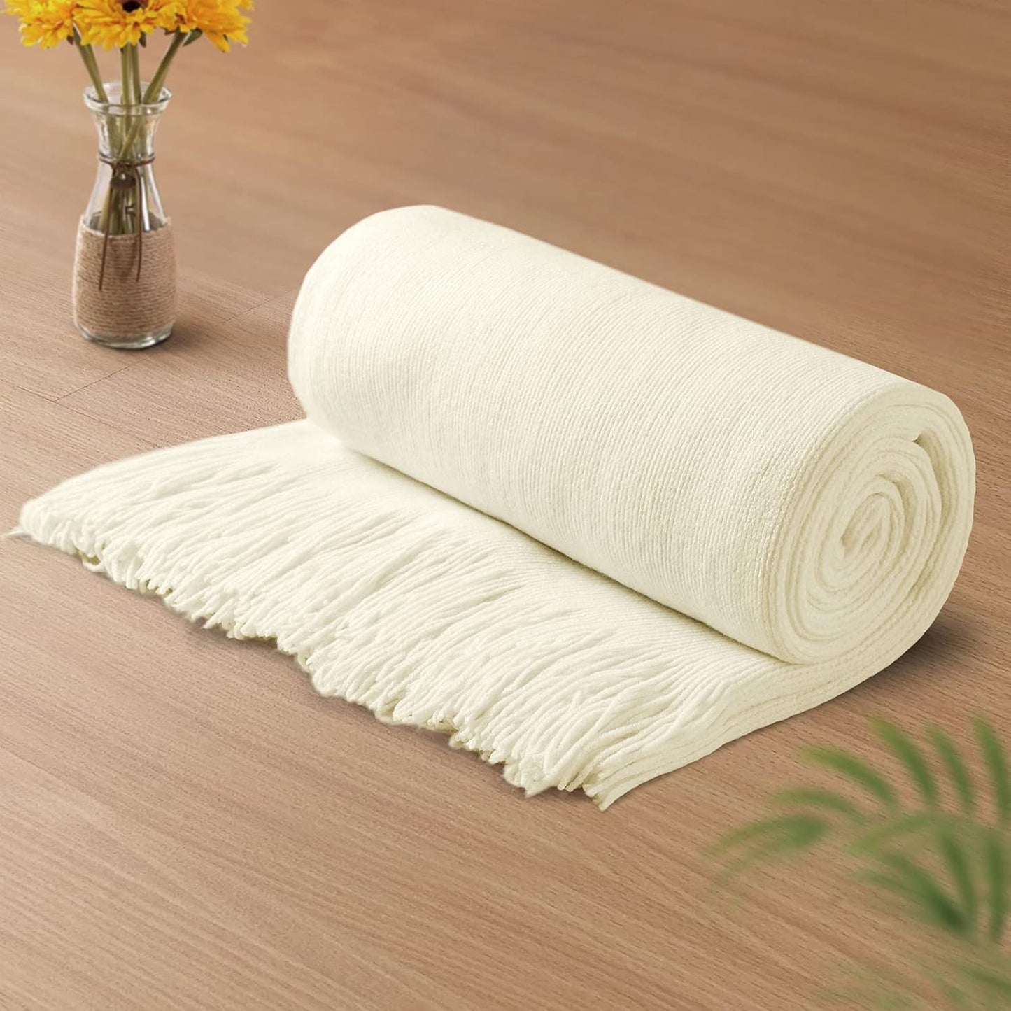 Vonty Ivory White Knitted Blanket with Tassels Fringe 50" x 60", Super Soft Knit Throw Blanket, Farmhouse Decorative Lightweight Blanket for Couch, Sofa, Bed