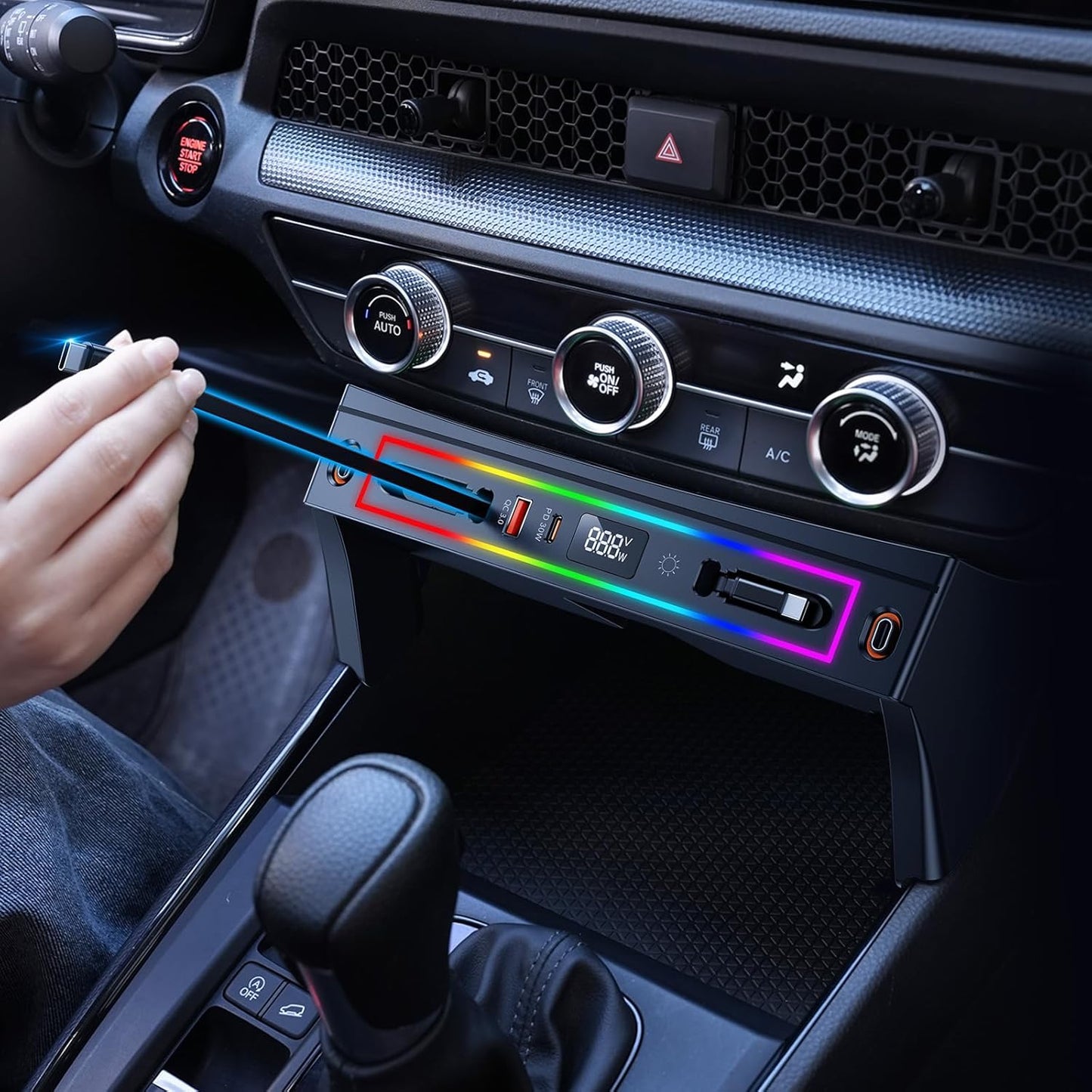 for Honda CRV Car Charger USB Hub with RGB Light, 4-Port Retractable Cable Docking Station for Honda CR-V Accessories 2026 2025 2024 2023, Center Console Phone Fast Charger Hub Voltage Display