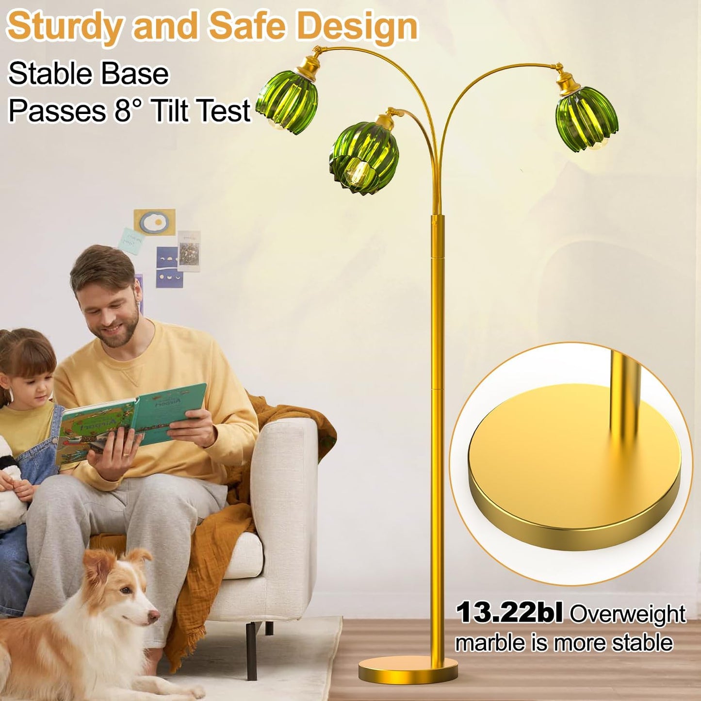 Arc Floor Lamps for Living Room, Gold Dimmable Floor Lamp with Green Flower Glass Shades and 3 Brightness Lights, Adjustable Arm, Modern Tree Tall Standing Lamp Corner Arched Light for Bedroom Decor