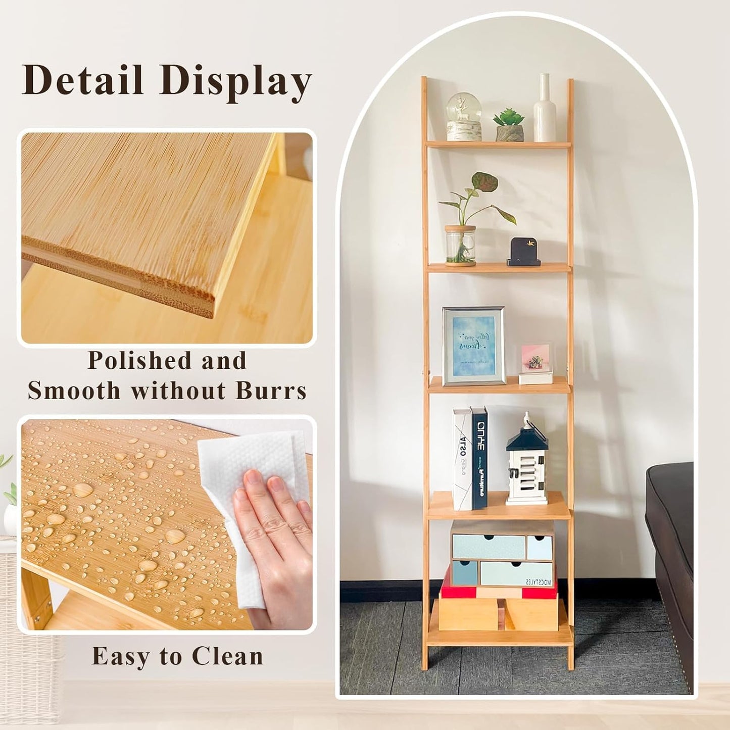 HYNAWIN Wall Leaning Ladder Shelf Bookcase,5-Tier Bamboo Storage Rack Shelvest,FreeStanding Plant Stand, Corner Display Shelves for Living Room, Bathroom, Kitchen, Office(65in)