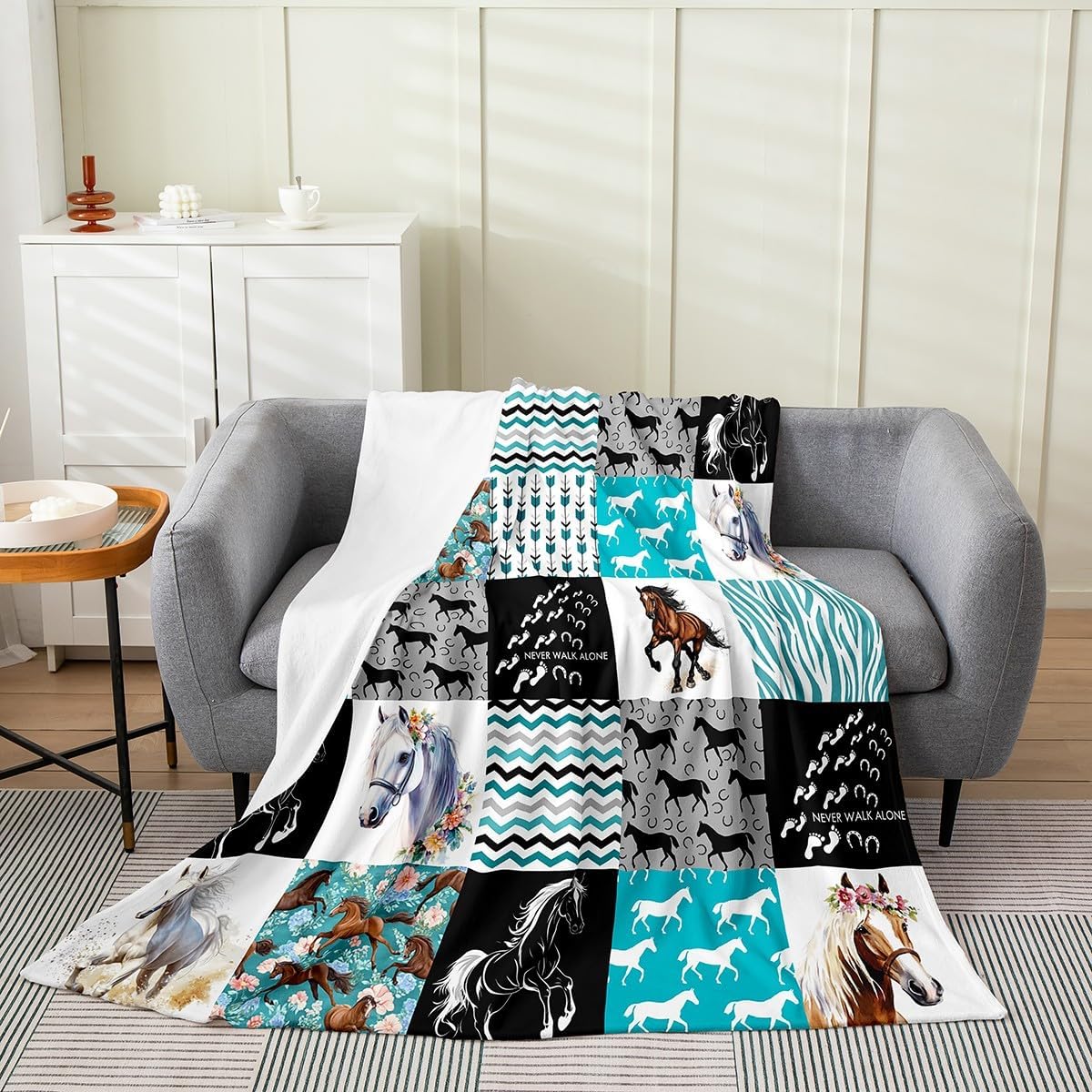 Erosebridal Horse Bed Blanket Twin 60x80,Western Farmhouse Horse Blanket for Girls,Boho Arrow Teal Zebra Stripe Throw Blanket for Kids Boys Women,Rose Flower Rustic Cowboy Fleece Blanket Black White