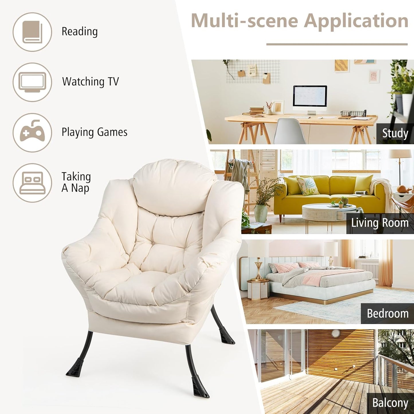 GORELAX Lazy Chair with Ottoman, Modern Accent Chair w/Armrests & Side Pocket, Upholstered Lounge Sofa Chair & Folding Footstool Set, Reading Chair for Bedroom, Living Room, Dorm Room (Beige)