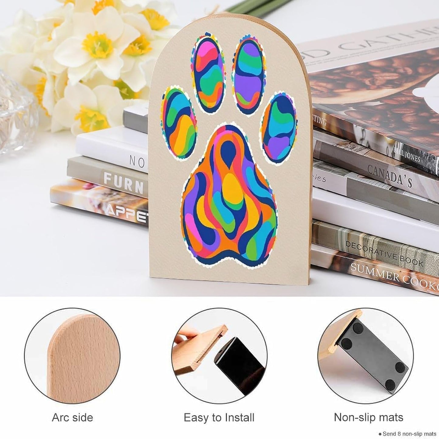 Colorful Dog Paw Print Bookends 1 Pair Heavy Duty Book Ends for Shelves Non-Skid Bookend Supports Wooden Book Holders with Metal Base Desk Organizers Books Storage to Hold Books