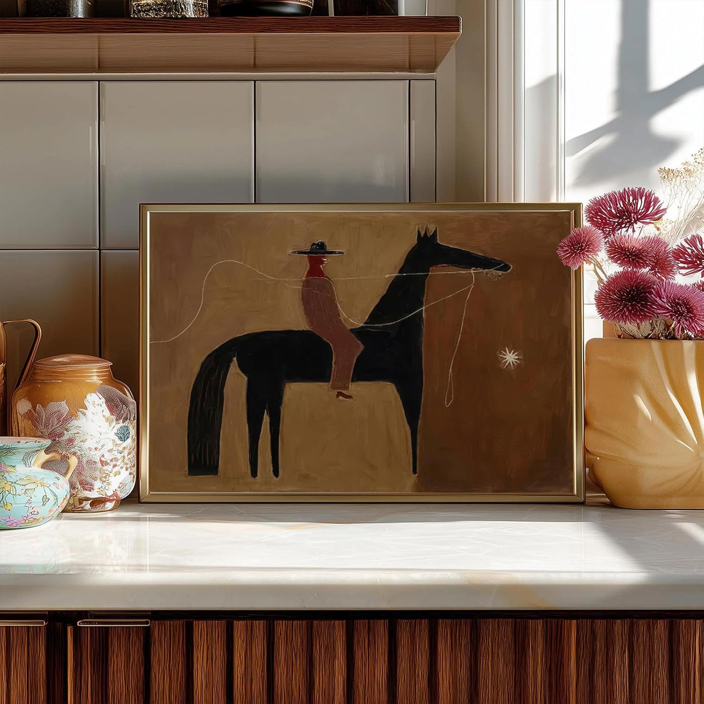 Western Cowboy Wall Decor Japandi Western Cowboy and Horse Oil Painting Large Brown Textured Wall Art Man Painting Vintage Horse Poster Prints for Office Bedroom & Living Room Decor 16x24inch Unframed