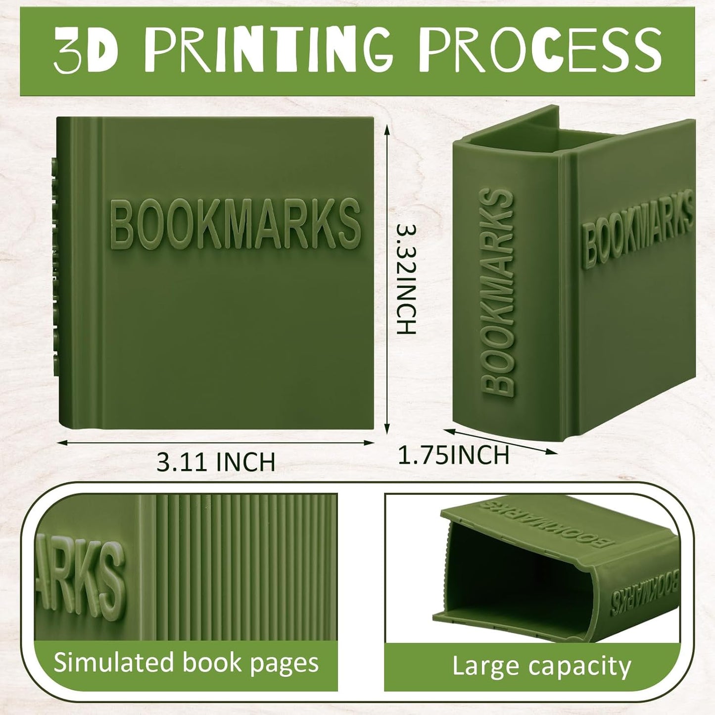 Honeydak 3D Printed Book Shaped Bookmark Holder Book Lover Gift Bookish Accessory Office Desk Supplies Funny Bookmark Accessories End of Year Gift for Teacher(Green)