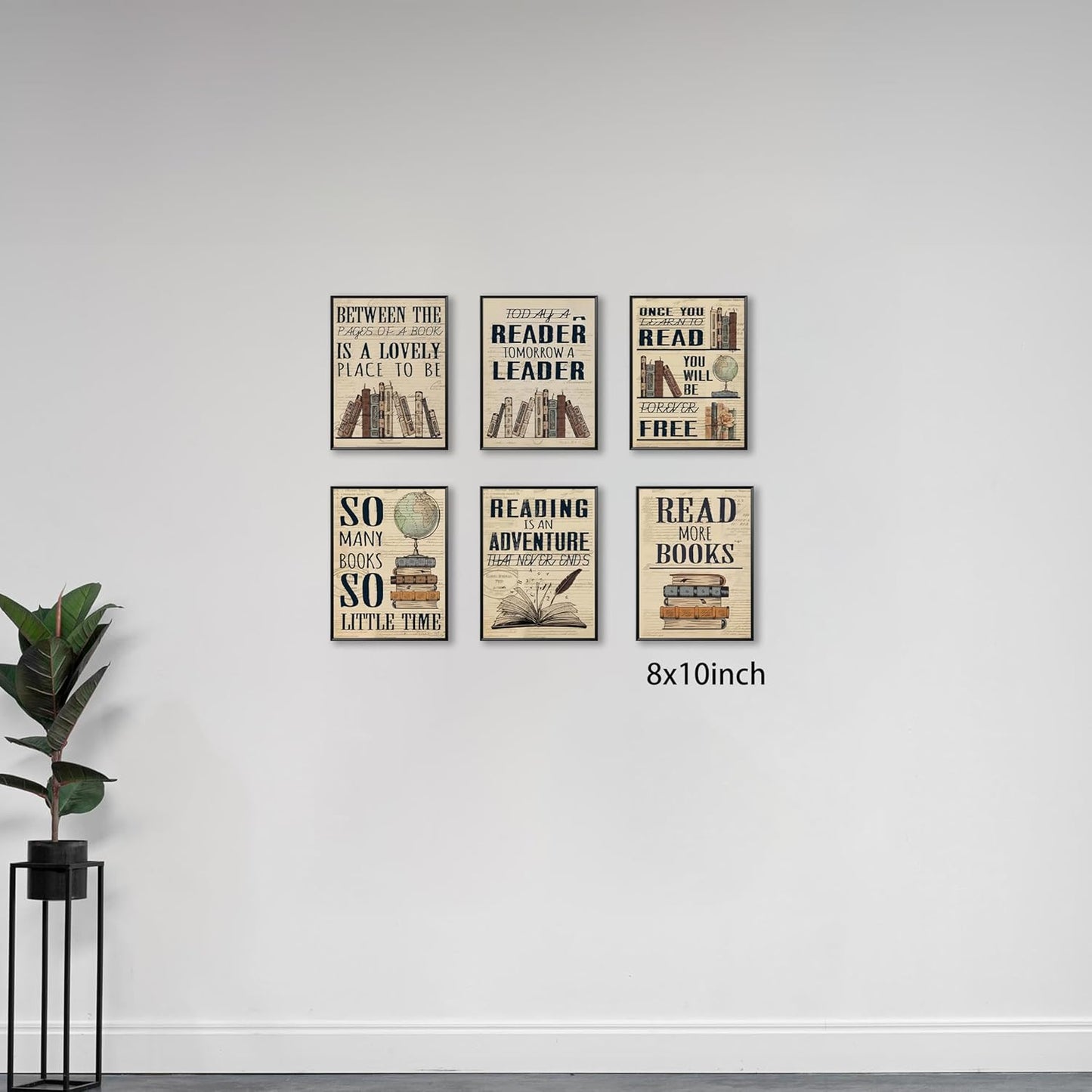 6 Piece Vintage Reading Quote Wall Art Prints, Retro Book Lover Canvas Posters with Inspirational Library Quotes, Rustic Literary Artwork for Classroom Study Office Living Room Home Decor 8x10 inch Unframed