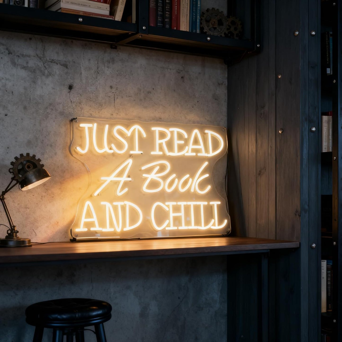 Just Read a Book and Chill White LED Neon Sign - Dimmable USB Wall Art 16.5x10.6 Inches - Reading Room Decor, Study Corner Lighting, Bookstore Cafe Ambiance