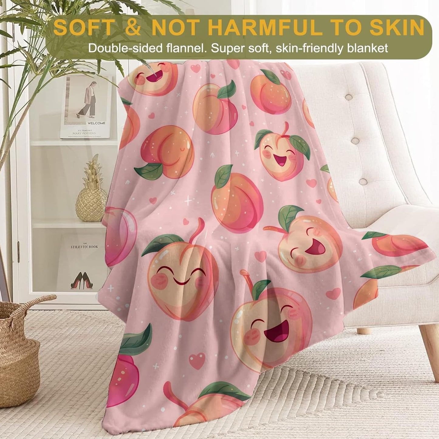 Peach Flannel Blanket - Cute Happy Fruit Smiling Peaches on Pink Throw - Lightweight Soft Cozy Gifts Blankets for Kids Adult,Modern Home Room Whimsical Decor 60x80in