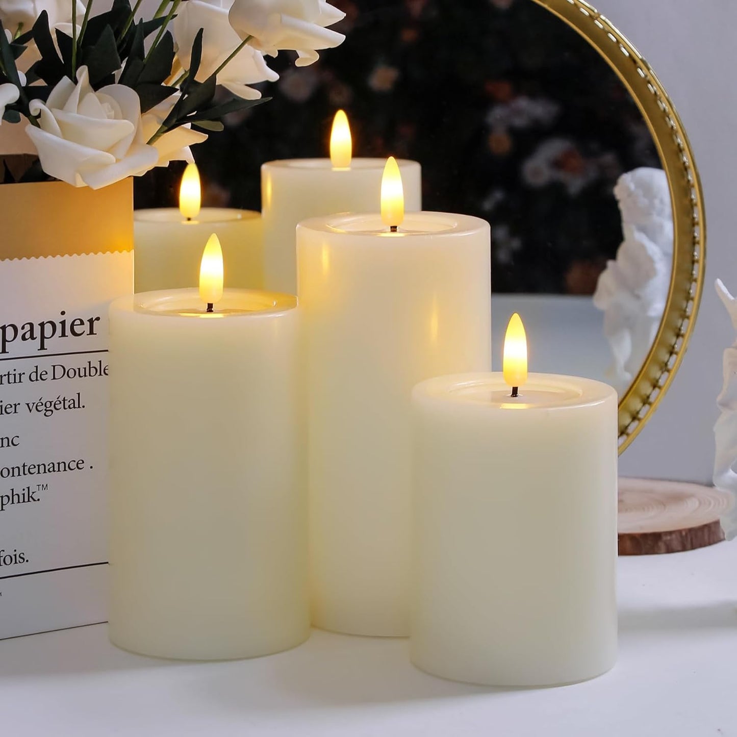 Remote Flameless Flickering Pillar Candles with Candle Grease Effect,Pack of 3 Ivory LED Battery Oprated 2/4/6/8 Hours Timer Real Wax Electric Candles(3x4,5,6 Inches)