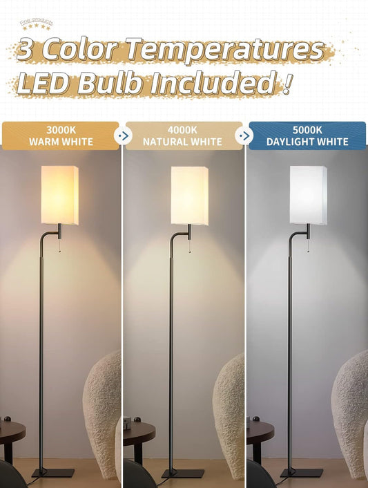 Modern Floor Lamps with 3 Color Temperatures, Minimalist Pole Lamp with Square Linen Shade & Flat Base for Living Room, Bedroom, Office or Kids Room