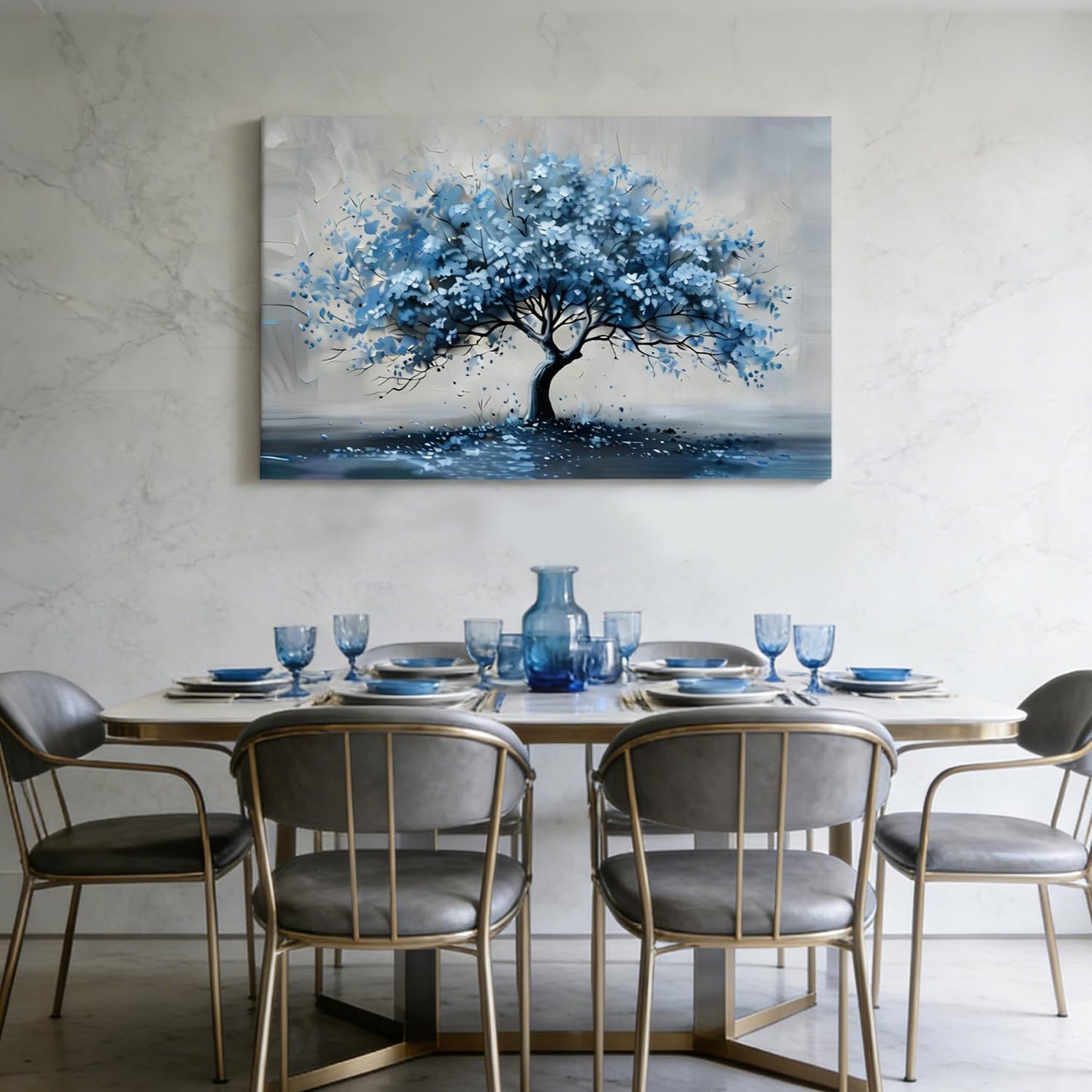 Kdyudo Blue Tree Canvas Wall Art, Tree of Life Large Mural Abstract Print Image Modern Blue Tree Oil Painting Art Print Suitable for Living Room Bedroom Kitchen and Office Wall Decor 16x24 inch