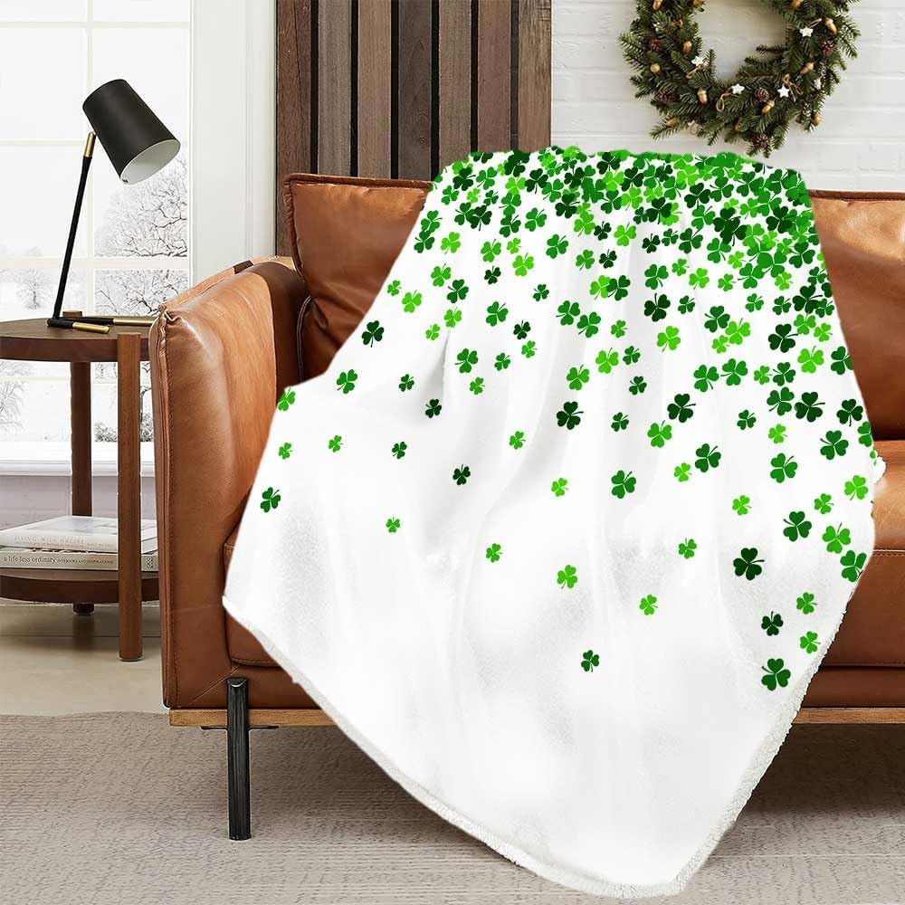 St Patricks Day Throw Blanket Soft Fleece Throw Blankets for Couch, Saint Patrick Microfiber Bed Blanket, Green Clover Shamrock Spring Blankets for Bed Sofa Chair 50x60inch