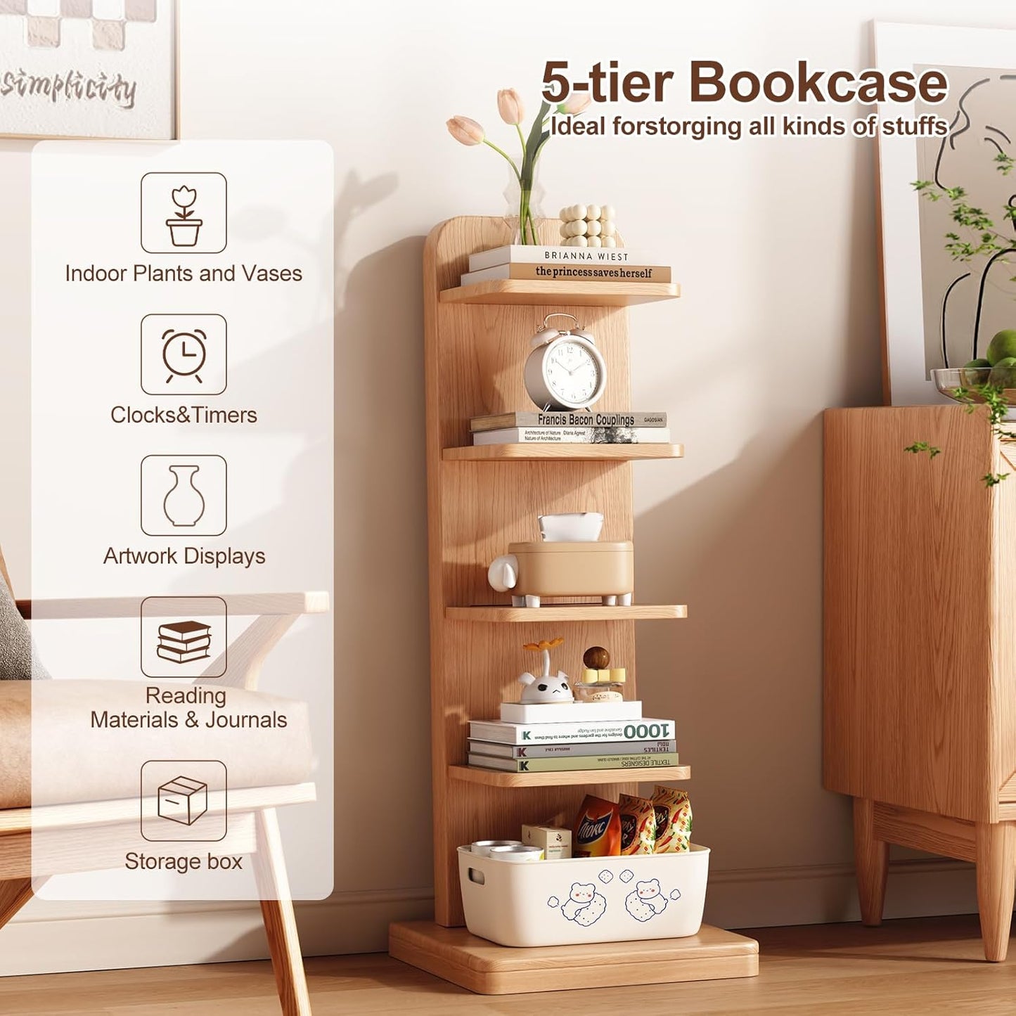 WoodsWhisper Soild Wood Narrow Book Shelf, 5 Shelf Small Space Bookshelf, Corner Ladder Bookshelf, Standing Bookcase for Living Room, Office, Study, Entryway