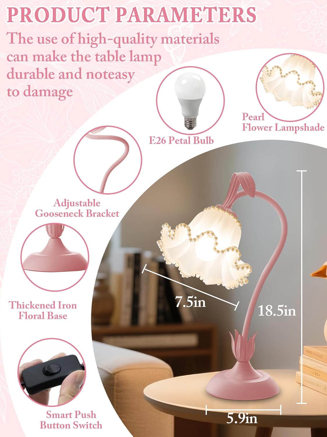 Flower Table Lamp,LED Reading Light Bedside Vintage Flower Night Light,3 Colors Modes Kawaii Bedside Lamps Decor,Living Room Bedroom Room Lighting Table Lamps Home Decoration (Pink Pearls)