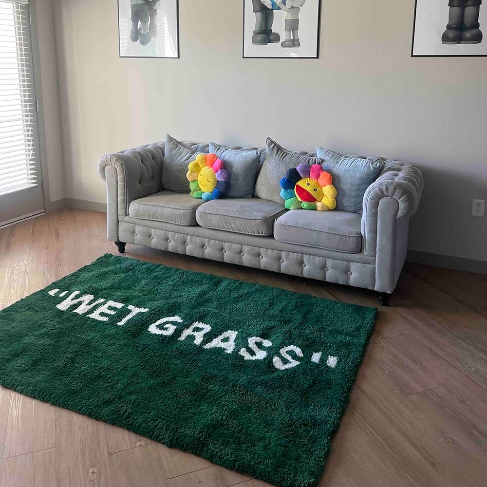 Wet Grass Rug - Green Grass Classic Handmade Flocked Area Rug - Hypebeast Home Decor Carpet - 4.4 * 6.4ft (133 * 195cm) Living Room Anchor/Bedroom Centerpiece/Home Office - Artistic Premium Floor Mat