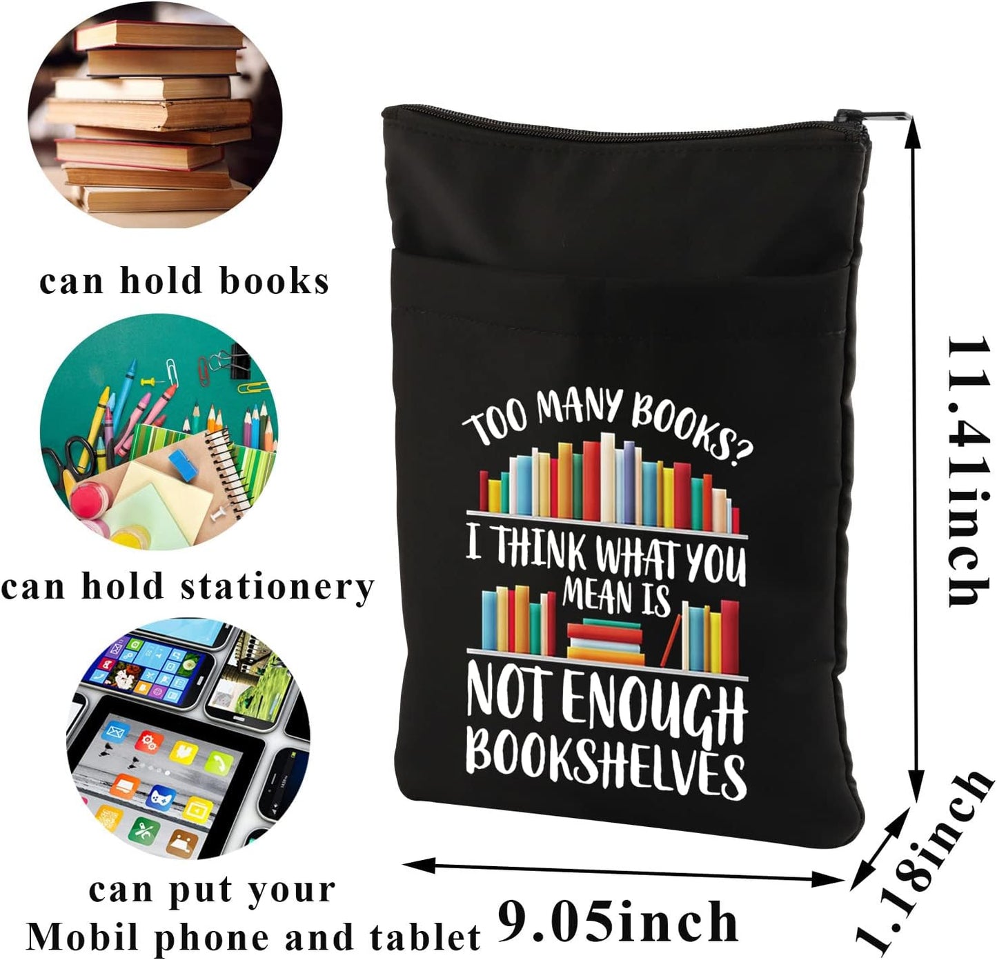 PLITI Bookworm Book Sleeve Book Lover Book Bag Book Club Gift Literary Book Theme Book Protector Bookish Gift (Enough Bookshelves BSBL)