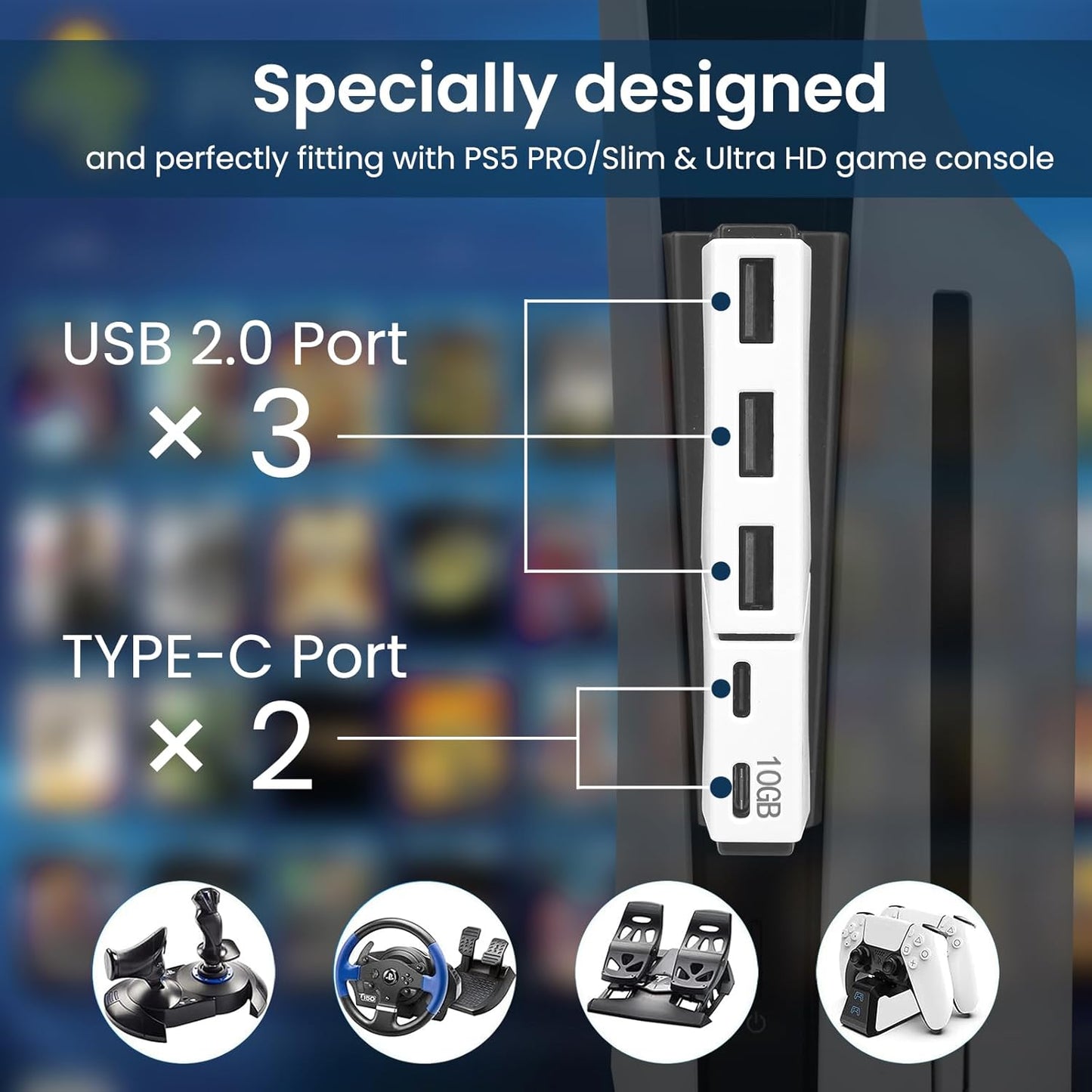 USB Hub for PS5 Slim & PS5 Pro USB Port Extender High-Speed Expansion Hub Extender PlayStation 5 Slim & PlayStation 5 Pro Adapter with 3 USB + 2 Type C Port(One Up to 10Gbps)