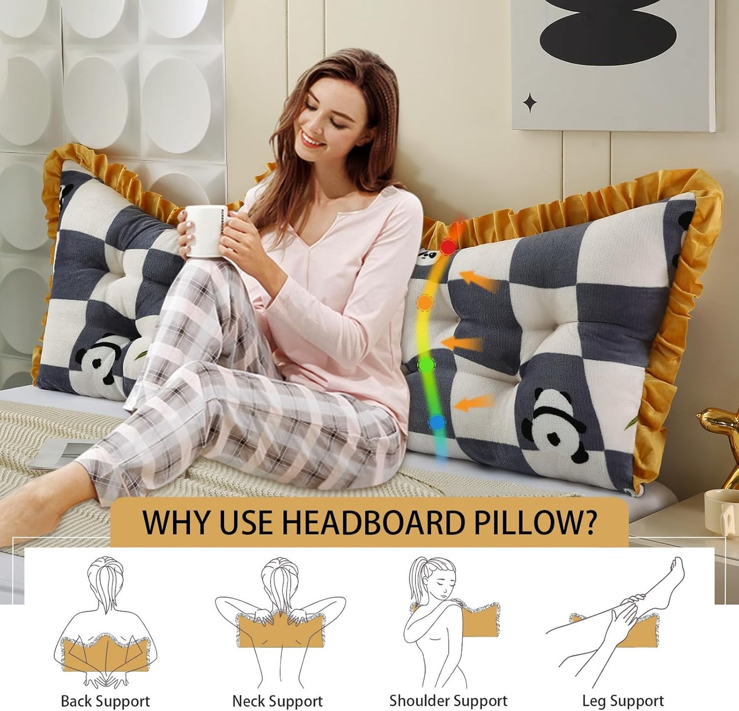 ROOMLIFE Headboard Pillow Crown Princess Soft Black＆White Grid Bed Pillow for Headboard Backrest Positioning Support Bed Rest Reading Pillow Panda Pattern Headboard Pillow with Removable Cover,Queen