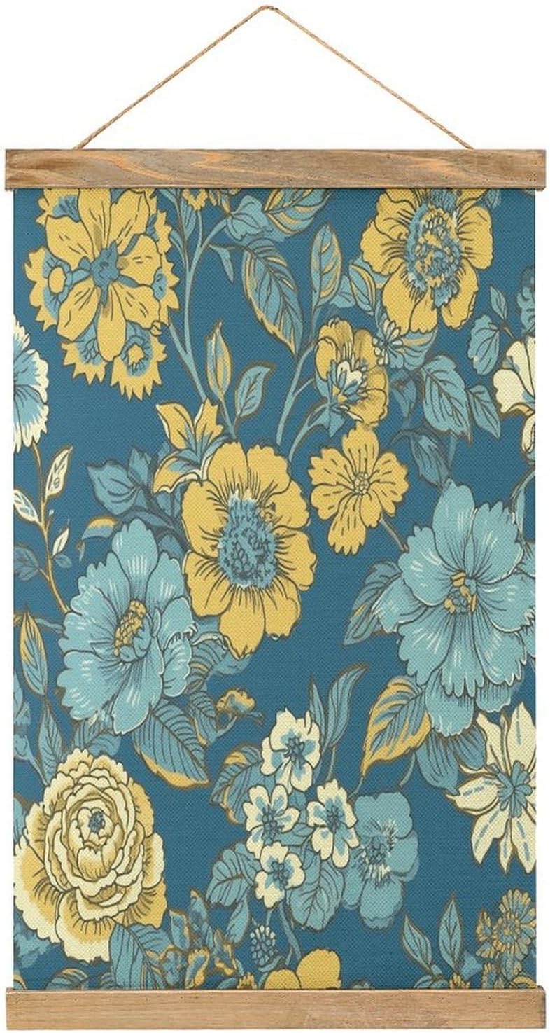 Vintage Blue And Yellow Flowers Poster with Wooden Frame Personalized Linen Hanging Scroll Painting Rustic Wall Hanging Illustrative Modern Artwork Decor for Home Living Room Bedroom Office