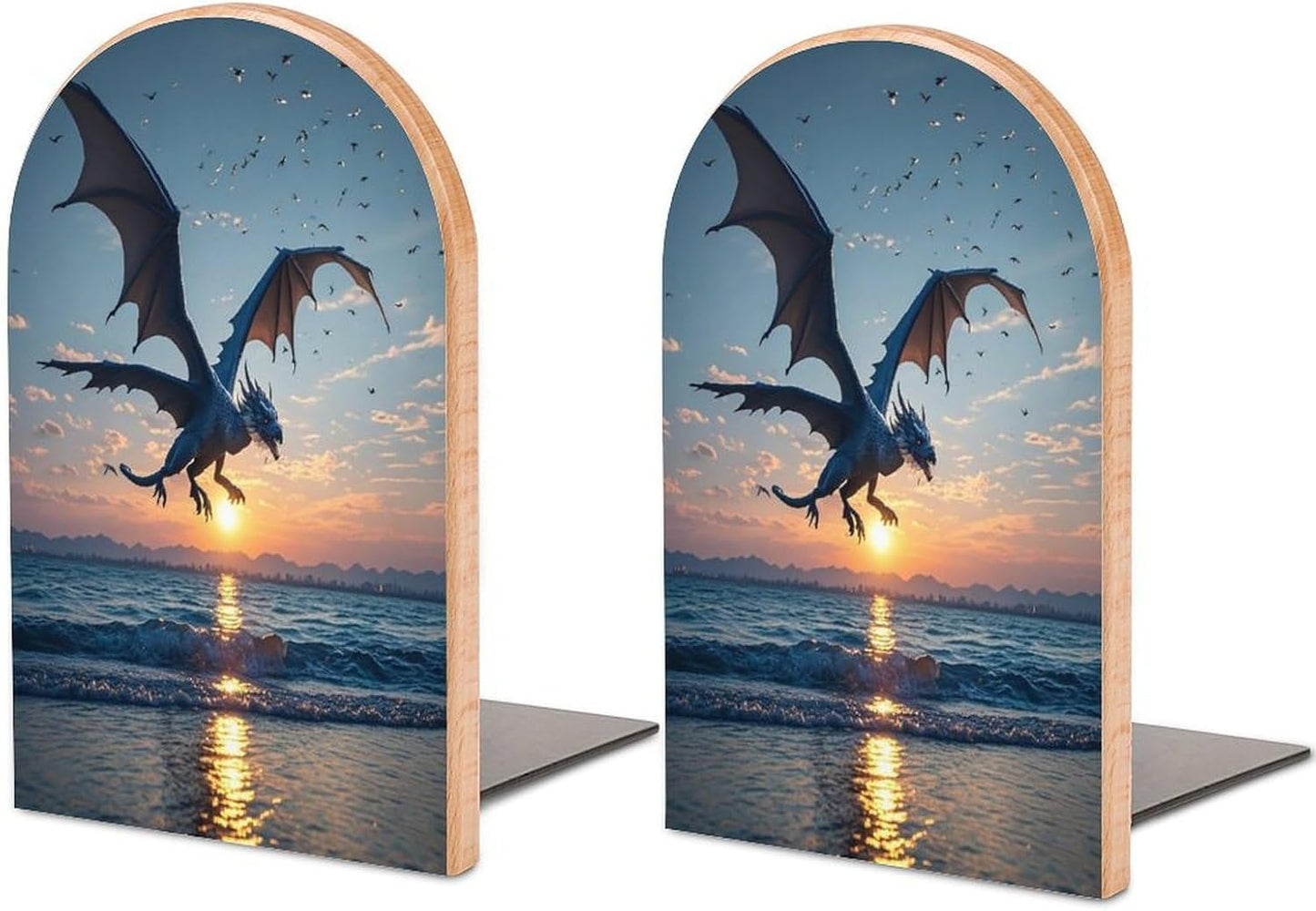 Sea Sunset Flying Dragon Bookends 1 Pair Heavy Duty Book Ends for Shelves Non-Skid Bookend Supports Wooden Book Holders with Metal Base Desk Organizers Books Storage to Hold Books