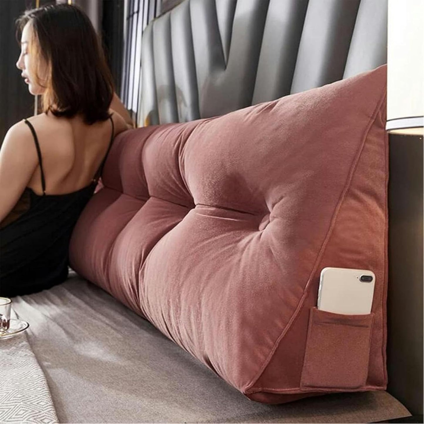 Soft Reading Bed Rest Pillow Large Bolster Cushion Velvet Headboard Backrest Triangular Wedge Pillow Neck & Lumbar Support for Dorm Room Daybed Full Size, 78.7in/200cm(King), Brown