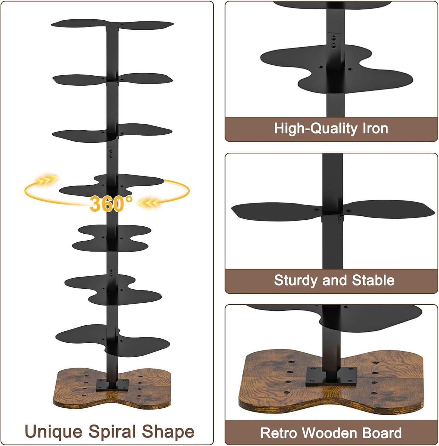 7 Tier Rotating Bookshelf, 360° Display Spinning Bookcase, Metal Corner Bookcases Storage Rack, Tall Floor Standing Revolving Bookshelves Narrow Book Shelf Organizer for Home Office, Black