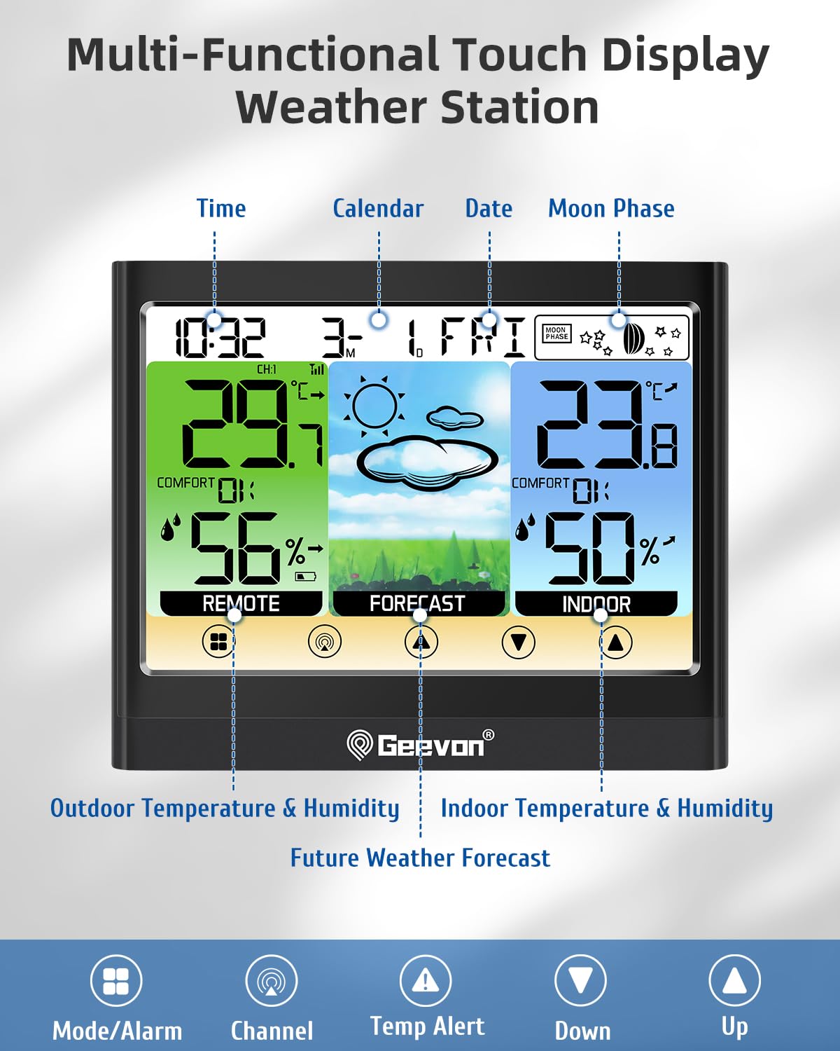 Geevon Weather Station Wireless Indoor Outdoor Thermometer Hygrometer with Dew Point, Heat Index, Touch LCD Display Digital Weather Thermometer with Alarm Clock and Adjustable Backlight