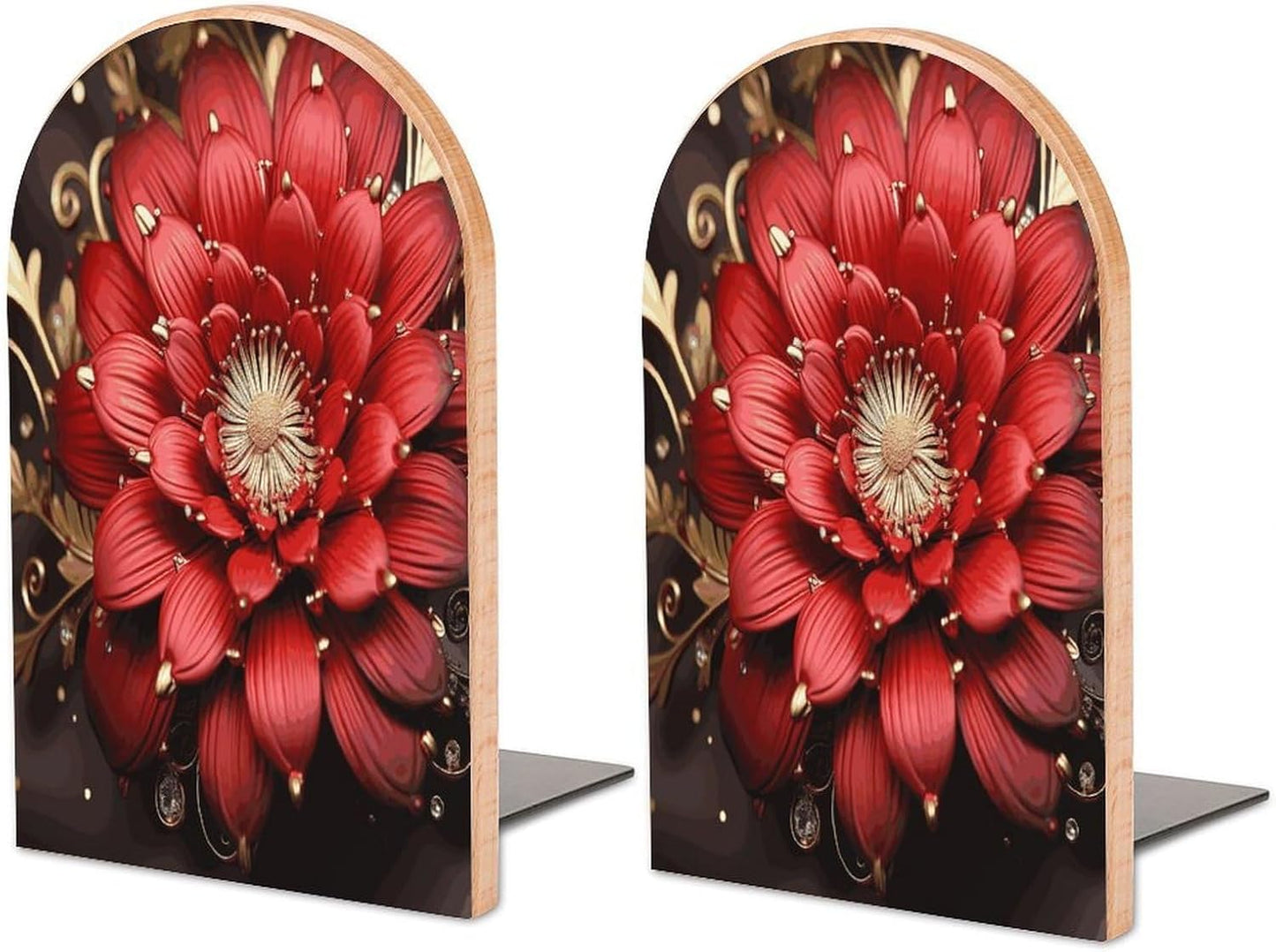 Red Gold Flower Bookend for Shelves Wooden Book End Large Size Sturdy Book Holders Stoppers with Metal Base for Bookshelves Slick Decorative Bookends Stands