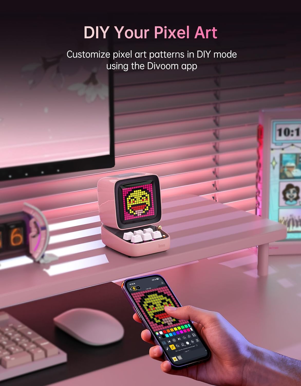 Divoom Ditoo Retro Pixel Art Game Bluetooth Speaker with 16X16 LED App Controlled Front Screen (Pink)