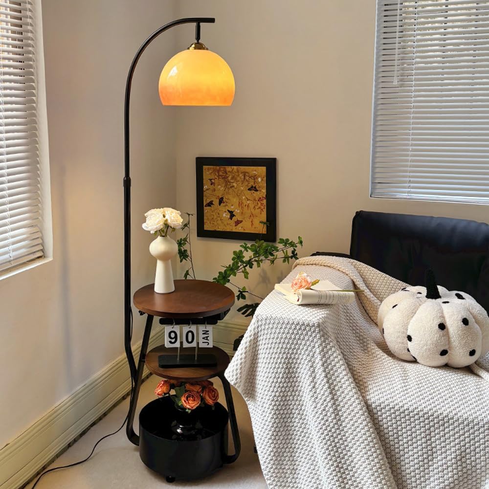 Arc Floor Lamp with Wooden Desktop Orange Glass Floor Light Height Adjustable Globe Glass Standing Lamp E26 Dimmable Tall Light for Living Room Bedroom Study Dining Room Reading Room