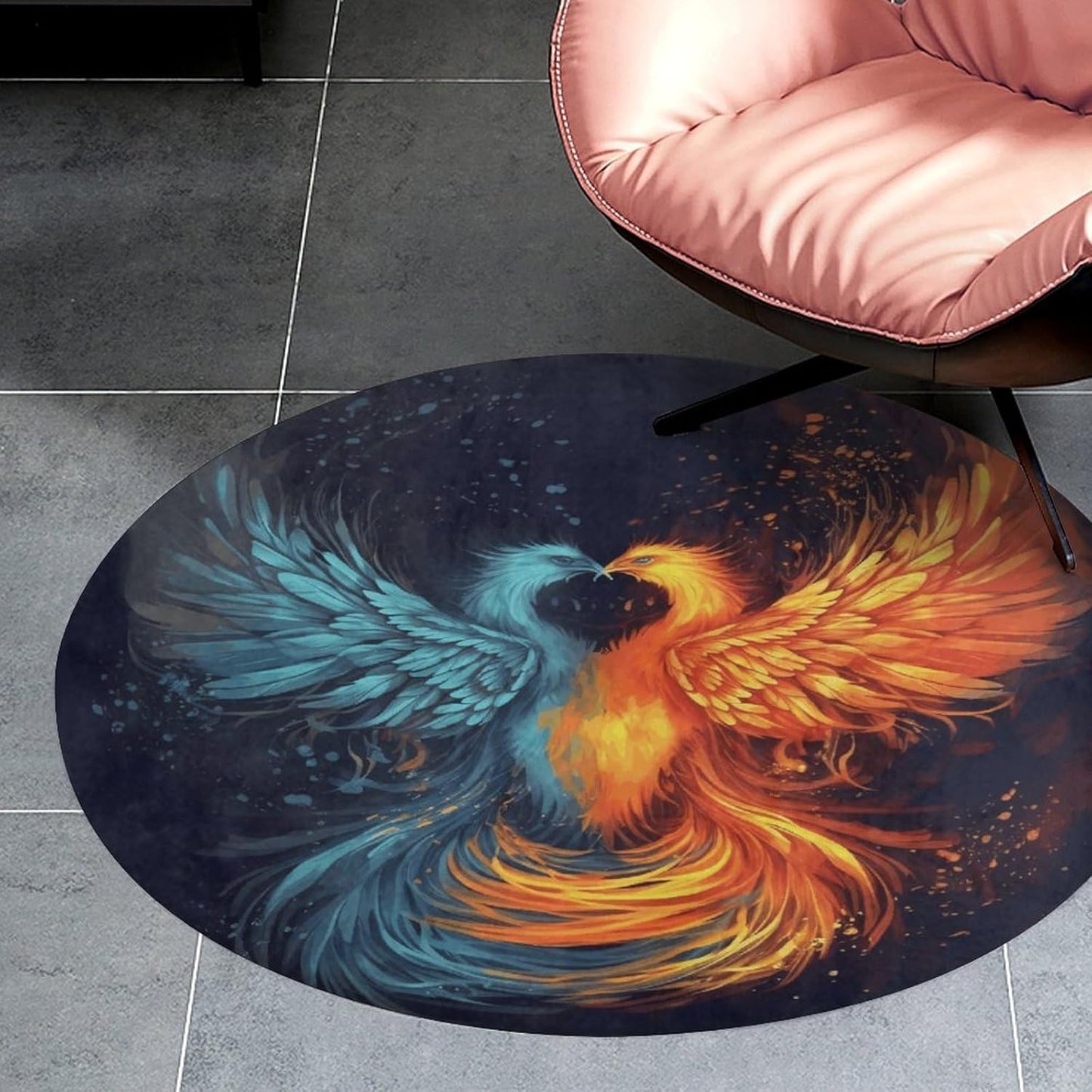Fire and Water Phoenix Circle Rug Retro Luxury Coral Velvet Floor Mat Non Slip Soft Indoor Floor Carpet Comfy Thickened Area Rugs Modern Aesthetic Minimalist Carpets for Home Decor