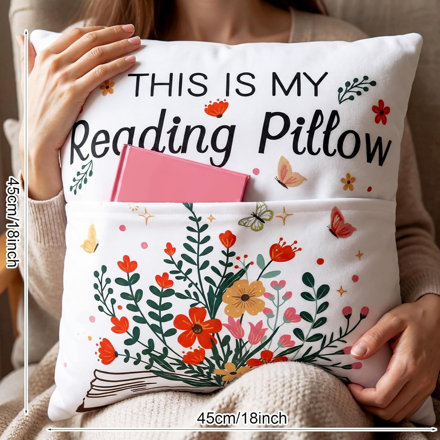 18 x 18 Inch Pocket Pillow This is My Reading Pillow with Flower Bookish Gifts for Book Lovers, Bookworm Librarian Gifts for Office Sofa Couch or Cozy Corner(Reading Style)