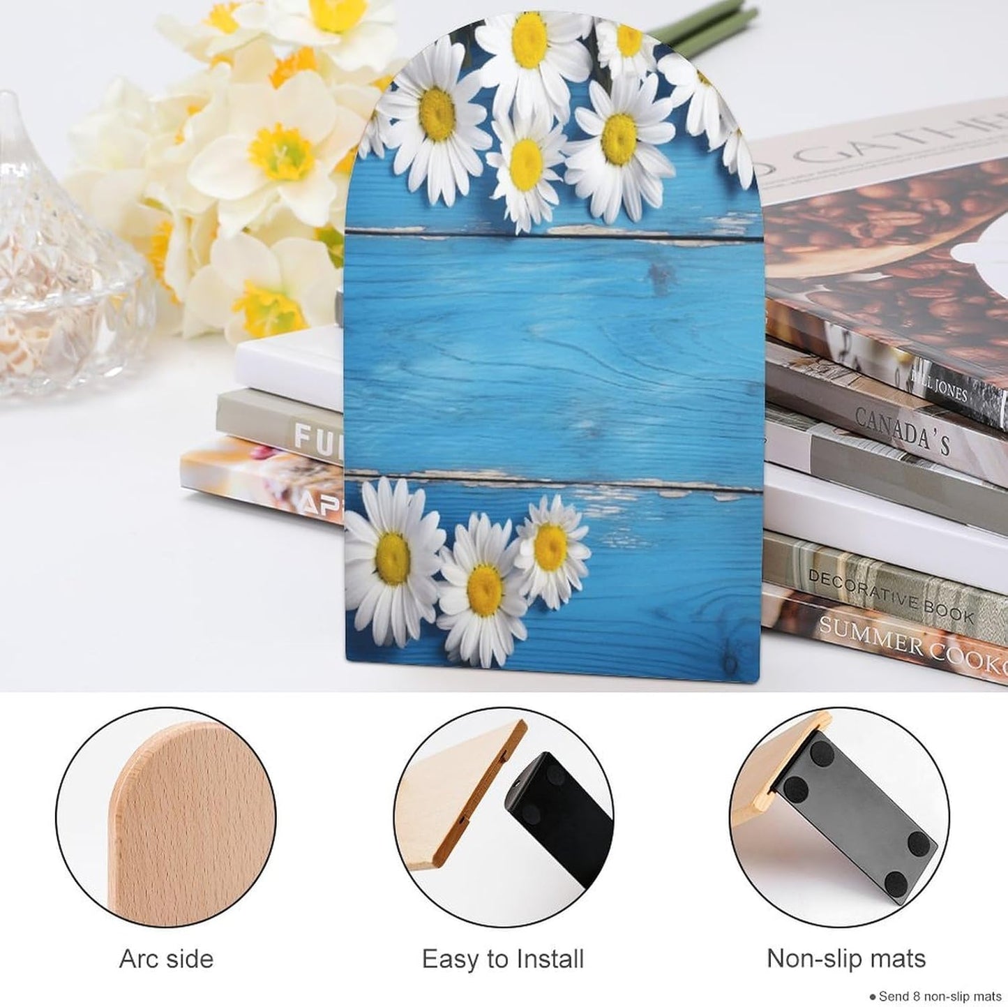 Daisy Flowers Blue Wooden Bookend for Shelves Wooden Book End Large Size Sturdy Book Holders Stoppers with Metal Base for Bookshelves Slick Decorative Bookends Stands