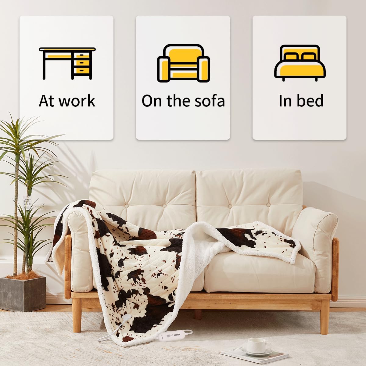 Cow Print Electric Blanket Heated Throw Blanket with 3 Heat Settings & 4-Hour Auto Shutoff, Fast Heating, Soft Flannel & Sherpa Fleece, Machine Washable, 50 x 60 Inches (Beige Cow Stripes, Throw)