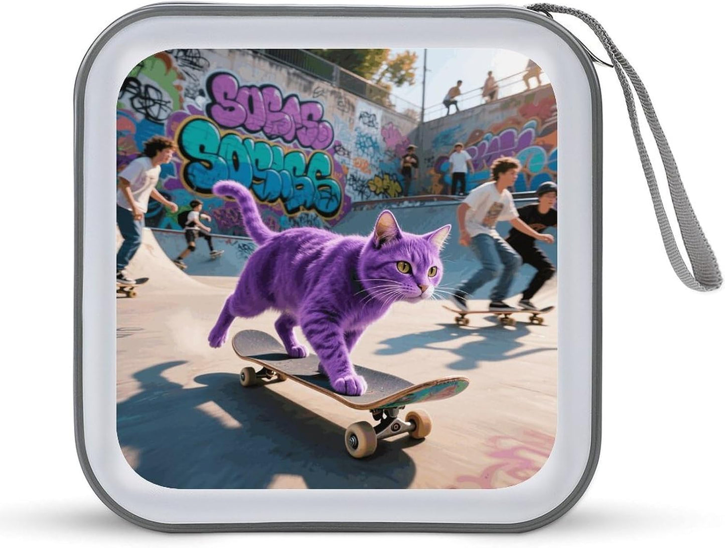 Skate Cat CD Case Portable Zipper CD Case 40 Capacity Hard Plastic DVD Cases Holder Large Storage Disc Wallet Bag for Car Home Travel DVD Collection Bag