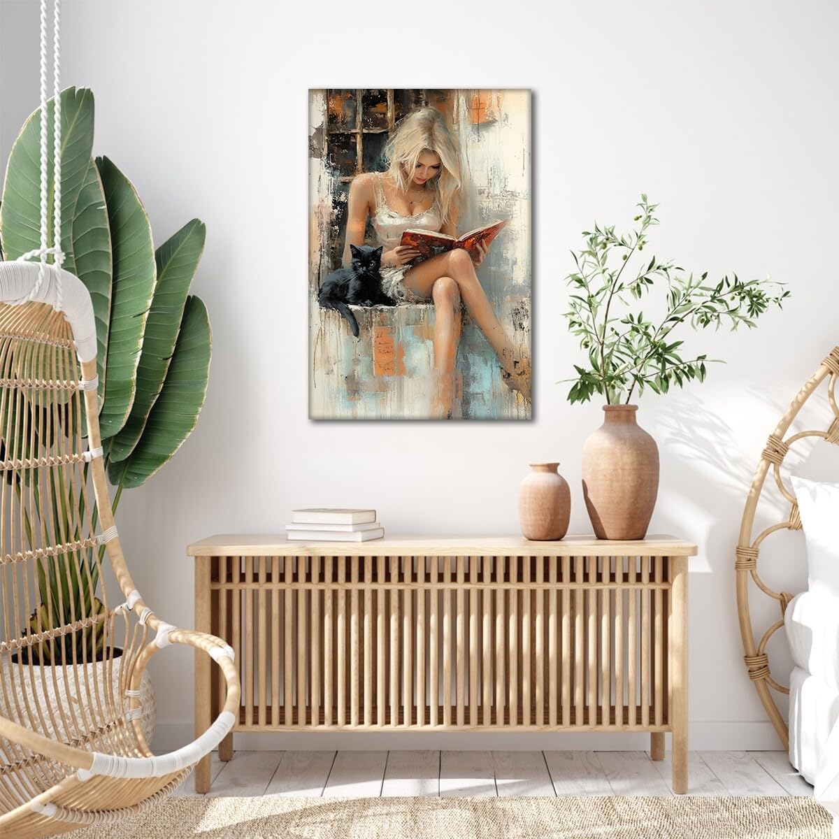 Woman Reading Book Canvas Wall Art Academia Aesthetic Painting Wall Decor Pictures Modern Girl Painting with Black Cat posters Prints for Home Living Room Bedroom Office Decor Ready-to-Hang(16inx12In)