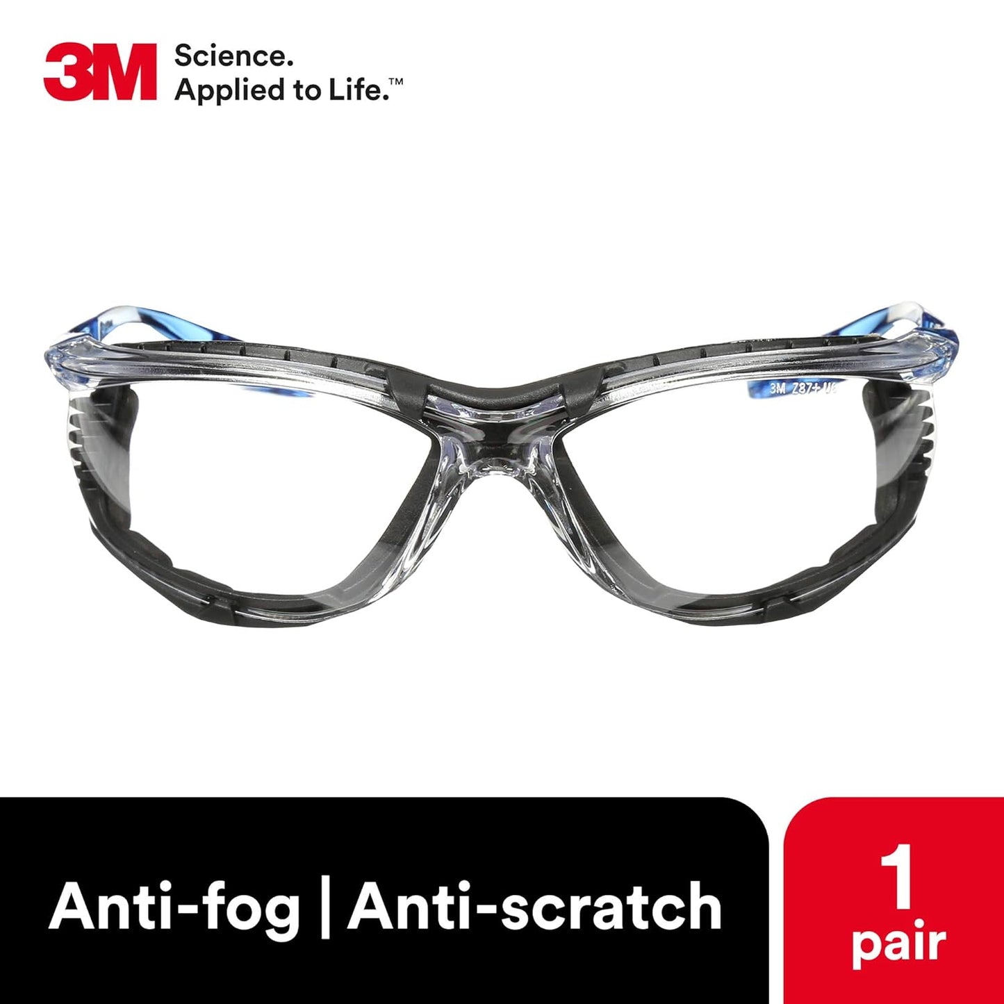 3M Safety Glasses, Virtua CCS, ANSI Z87, Anti-Fog, Clear Lens, Blue Frame, Corded Ear Plug Control System, Removable Foam Gasket, Pack of 1