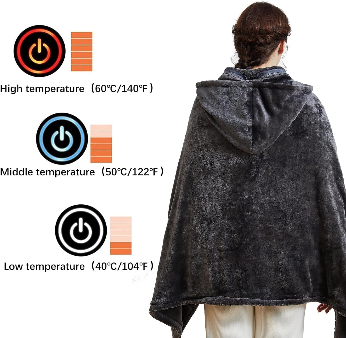 Wearable USB Heated Blanket Shawl Hooded, Portable, 3 Gears 7 Heating Zones Cordless Zip Throw for Women, Outdoor, Office, Camping